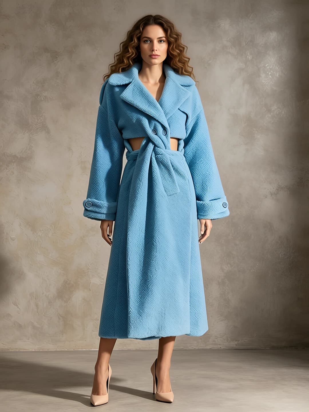 Women's long cashmere shearling coat with V-neck, solid colour, extra thick, long sleeve, single button, cut-out design, 2026 summer