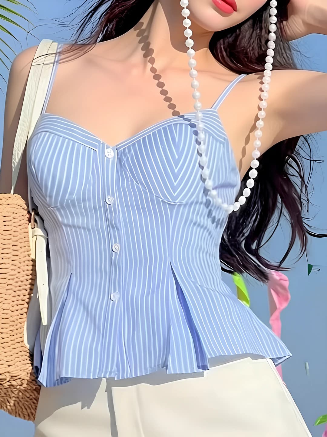 Women's striped V-neck slim fit cropped basque top, all-season, non-stretch, polyester fabric
