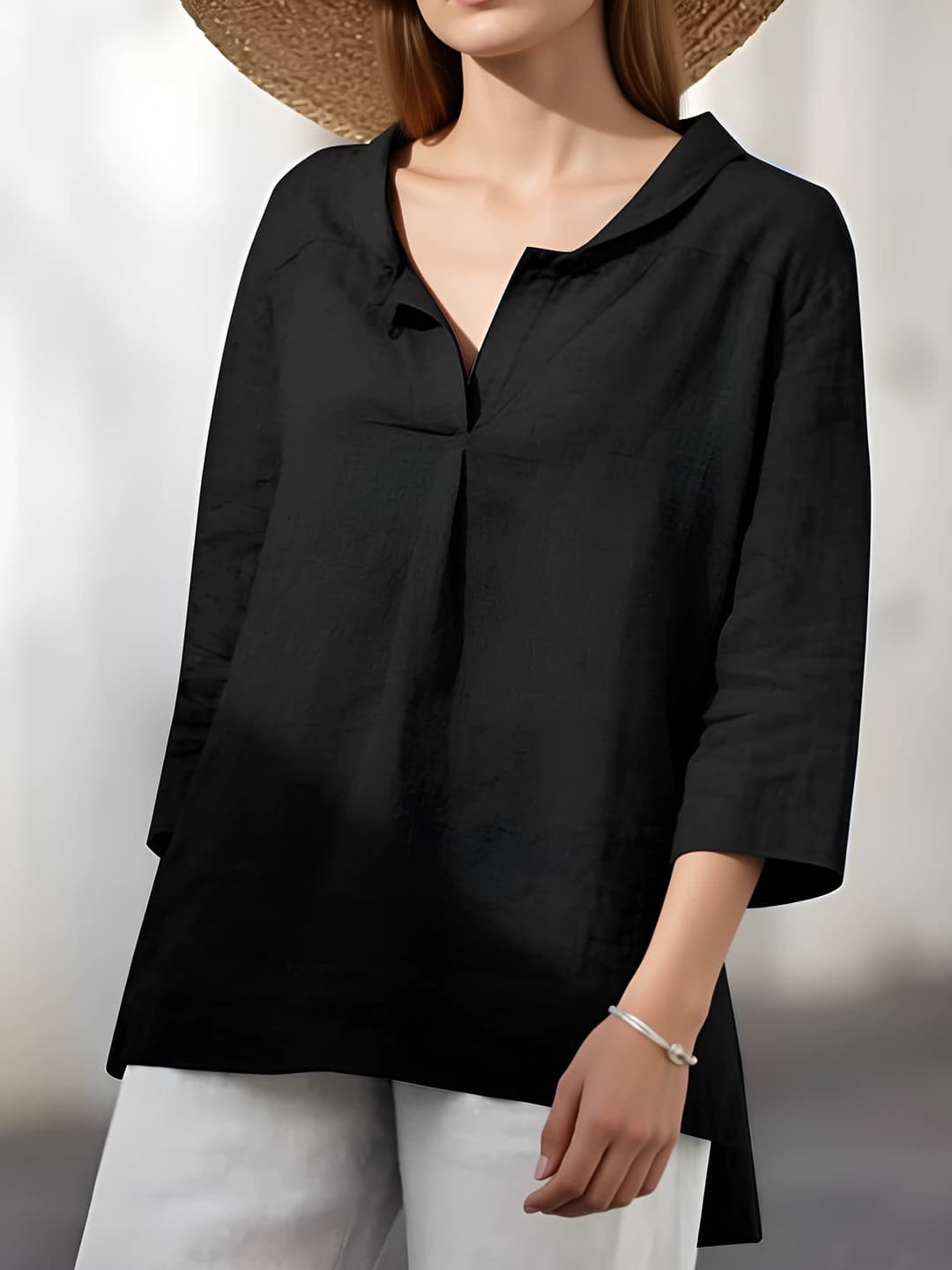 Women's summer casual blouse: lapel collar, three-quarter sleeve, loose fit, solid colour, asymmetric hem, cotton and linen fabric