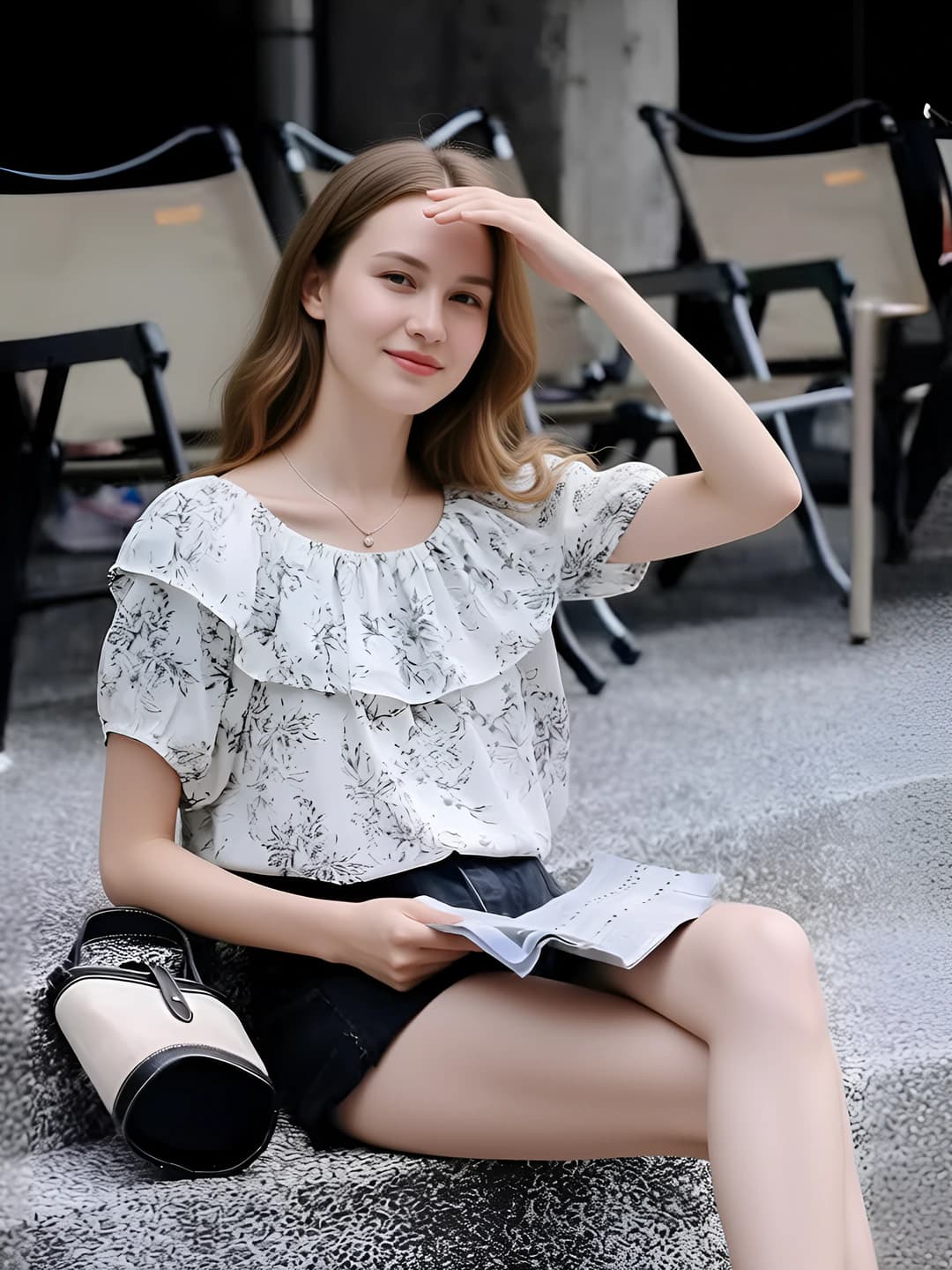 Women's tops with dropped shoulders: short sleeve, loose fit, square neck, printed, retro, cropped chiffon top