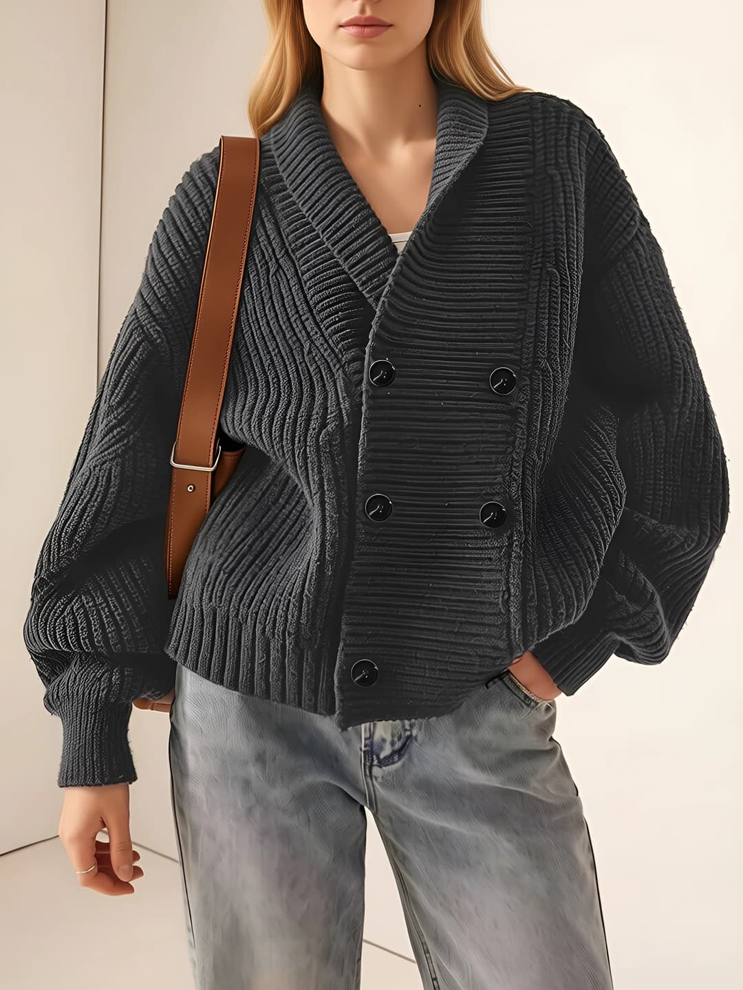 Women's autumn-winter knit cardigan, loose fit, stand collar, long sleeve, solid colour, casual style