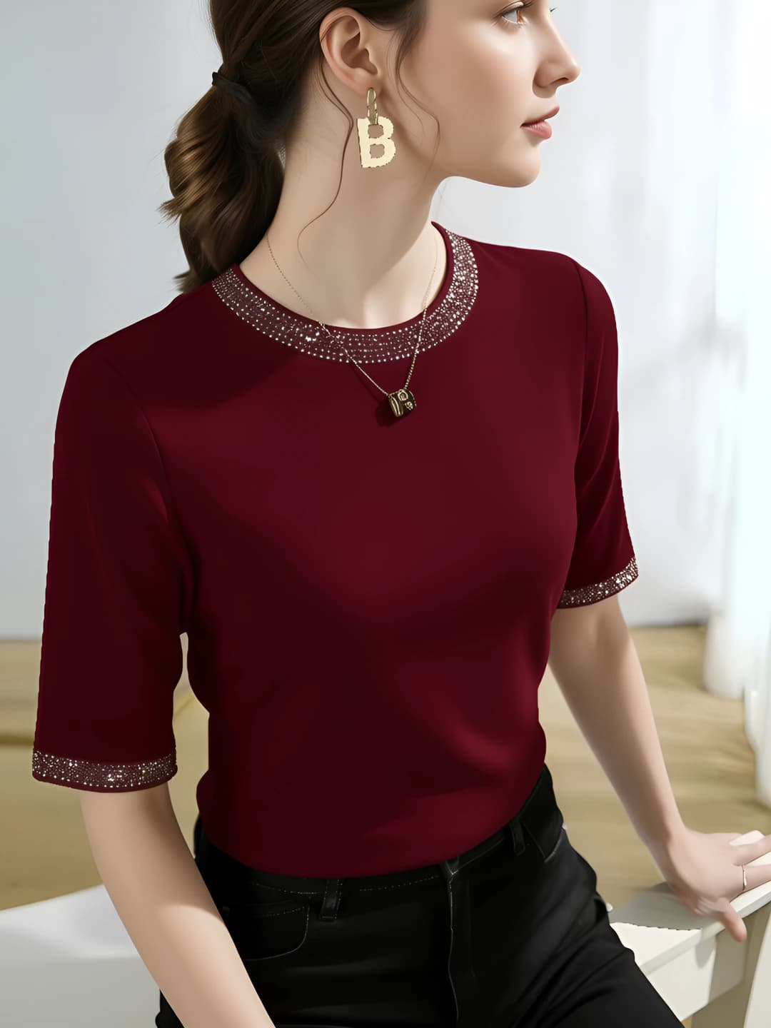 Women's summer elbow-length sleeve plus size crew neck solid colour t-shirt