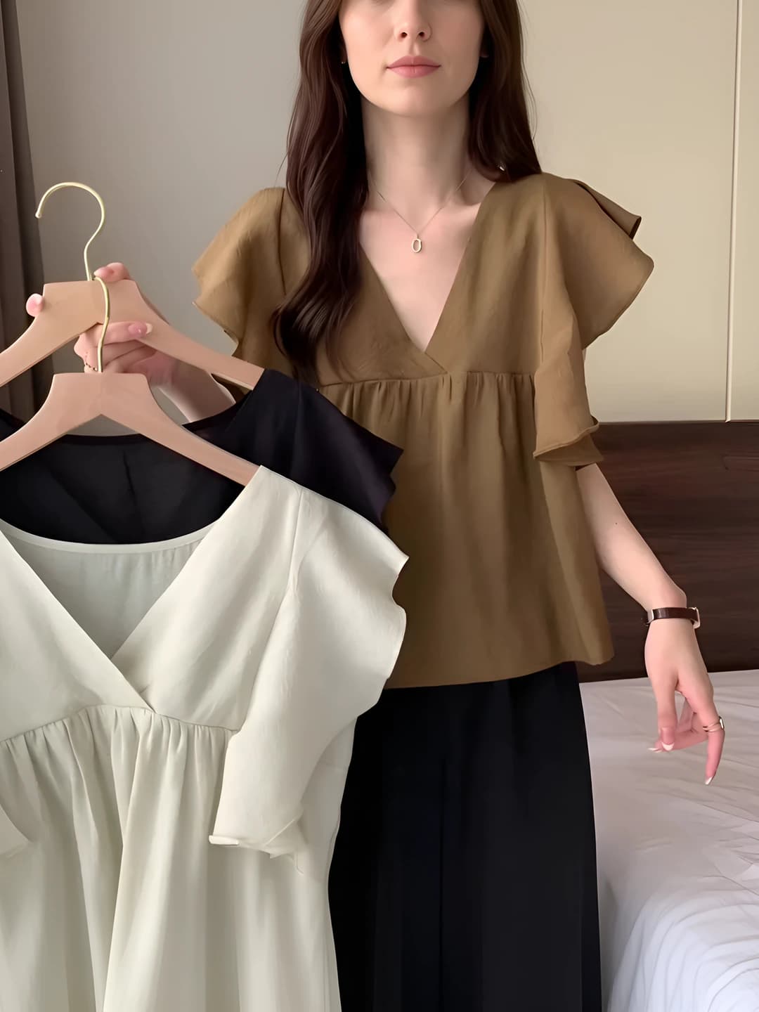 Women's summer V-neck short sleeve solid colour cotton linen blouse
