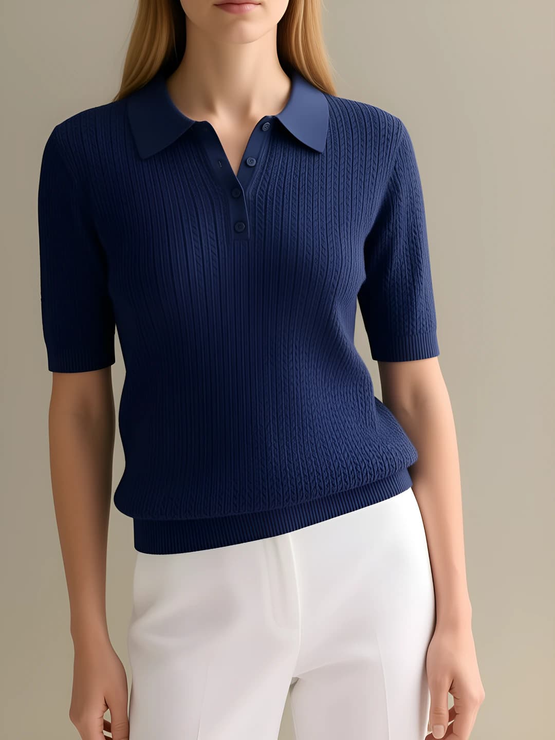 Women's short-sleeve knit top with lapel collar, solid colour, casual, spring-summer