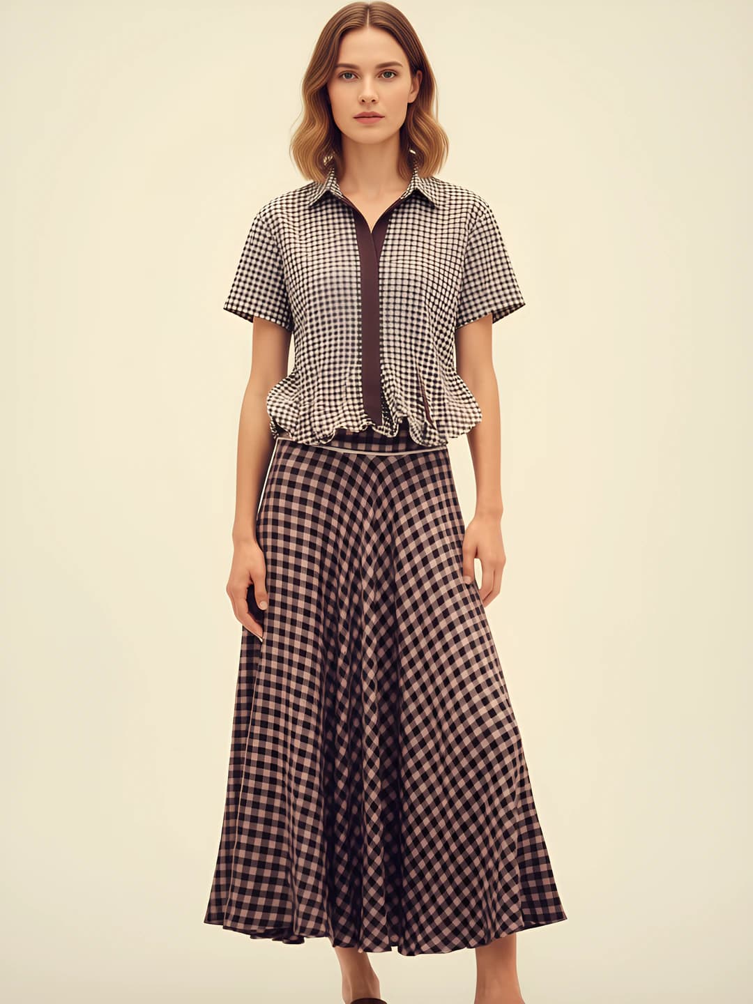 Women's long A-line checkered skirt for spring-summer, high waist, casual style, stretch fabric, with lace