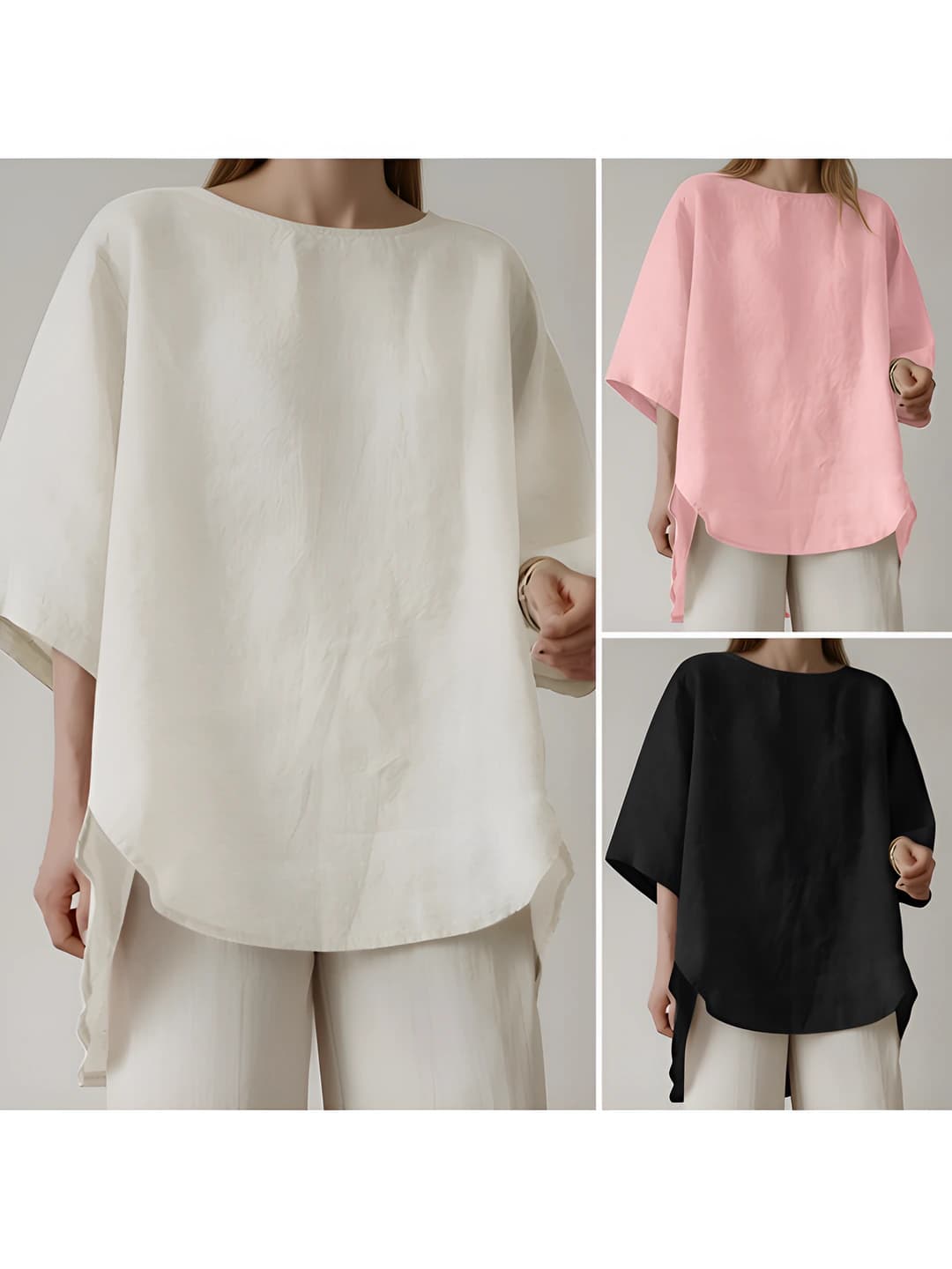 Ayollar uchun bo'sh (oversize) dumaloq yoqali bir rangli retro uslubdagi paxta-azor bluzka