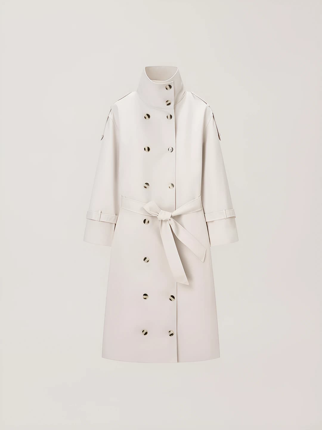 Women's long trench coat: stand collar, long sleeve, solid colour, double-breasted, british style