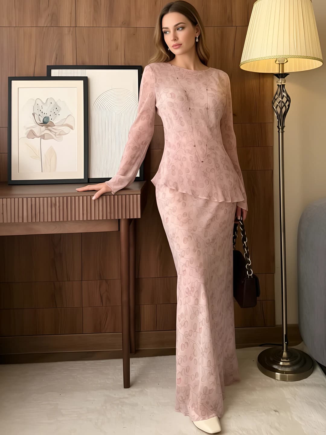Women's set with crew neck long sleeve blouse and long fishtail skirt