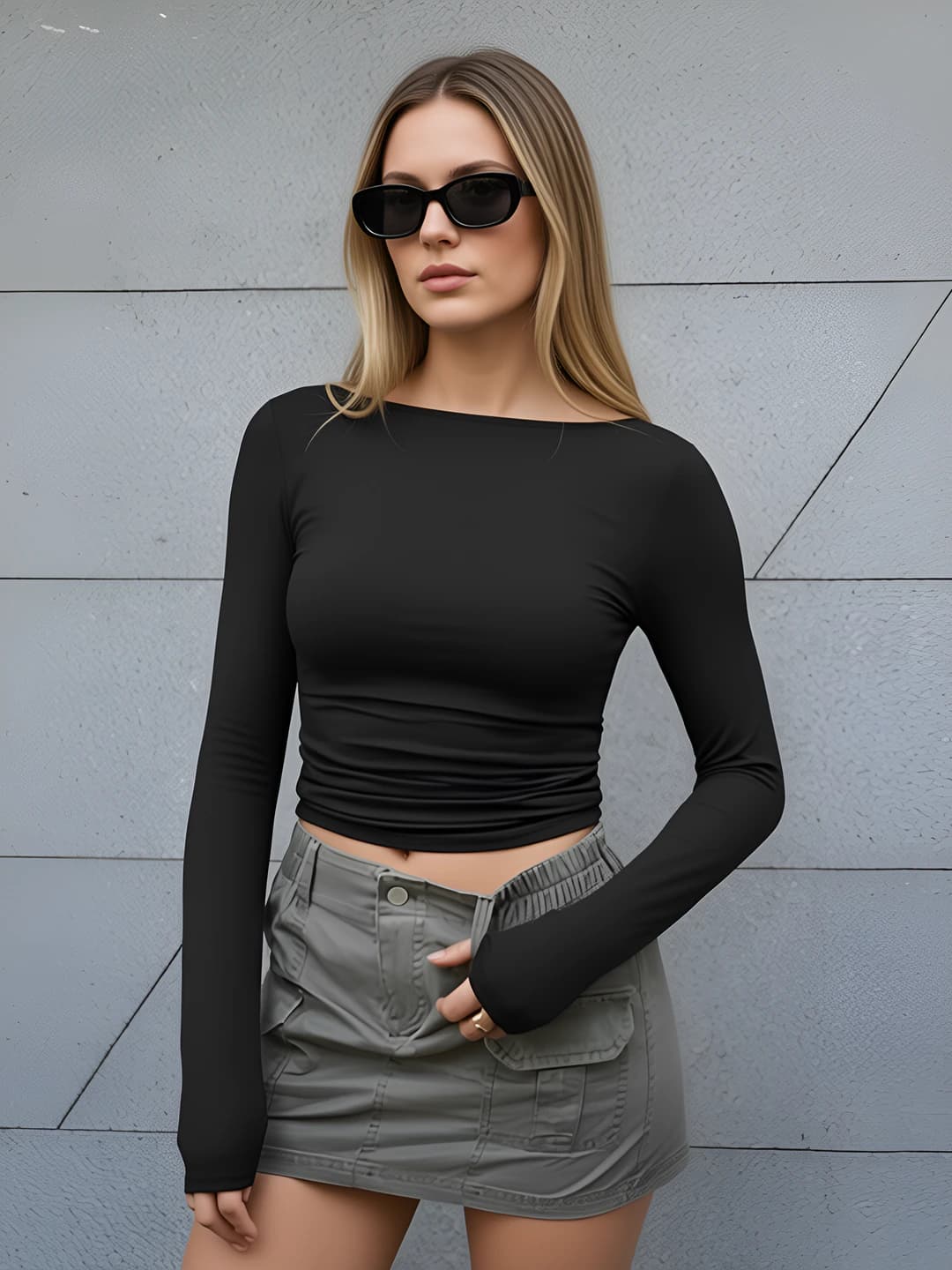 Women's long sleeve longsleeve, autumn-winter, slim fit, solid colour, boat neck, 2026