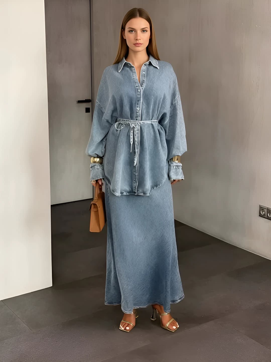 Ayollar uchun 2026 kuzgi yangi dizaynli denim ko'ylak-shirt va yubka to'plami, o'simlik naqshli, kundalik uslub