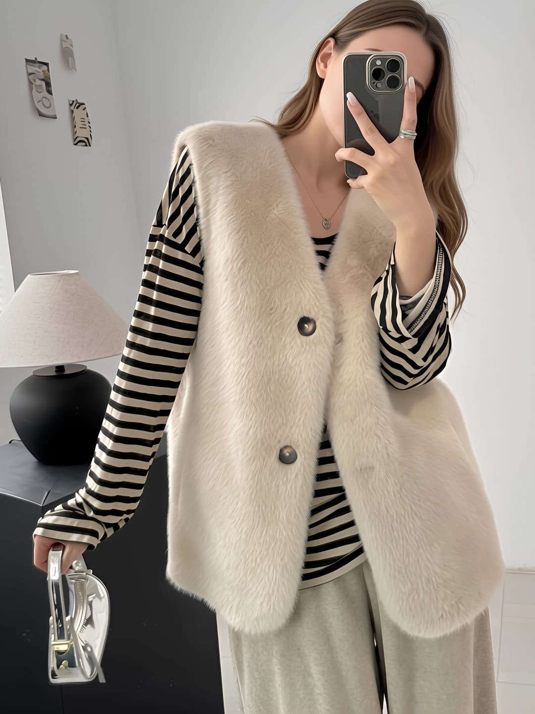 Women's 2026 autumn-winter faux-fur vest, POLO collar, cropped, loose fit, cotton fabric