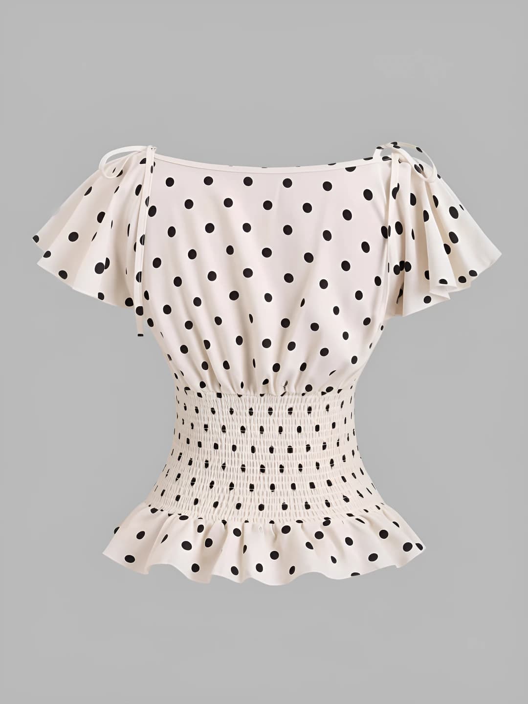 Women's off-shoulder basque top: 2026 new style, short sleeve, cropped, slimming, polka dot pattern, chiffon