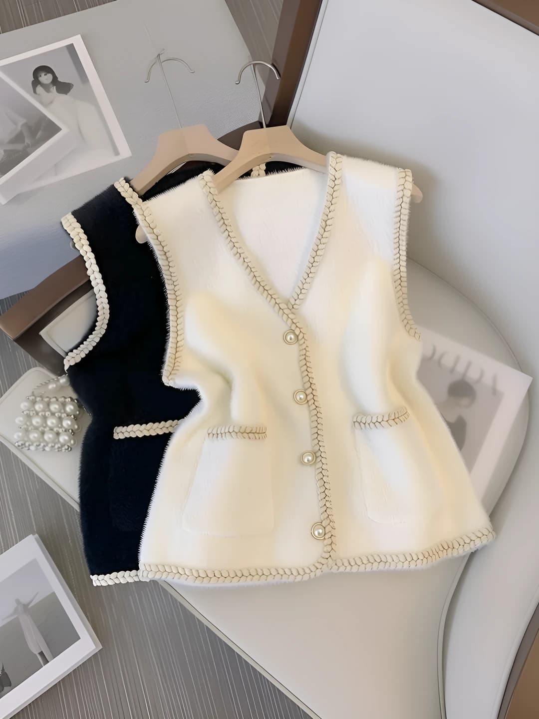 Women's autumn-winter POLO collar A-line cotton cardigan vest with single row button closure