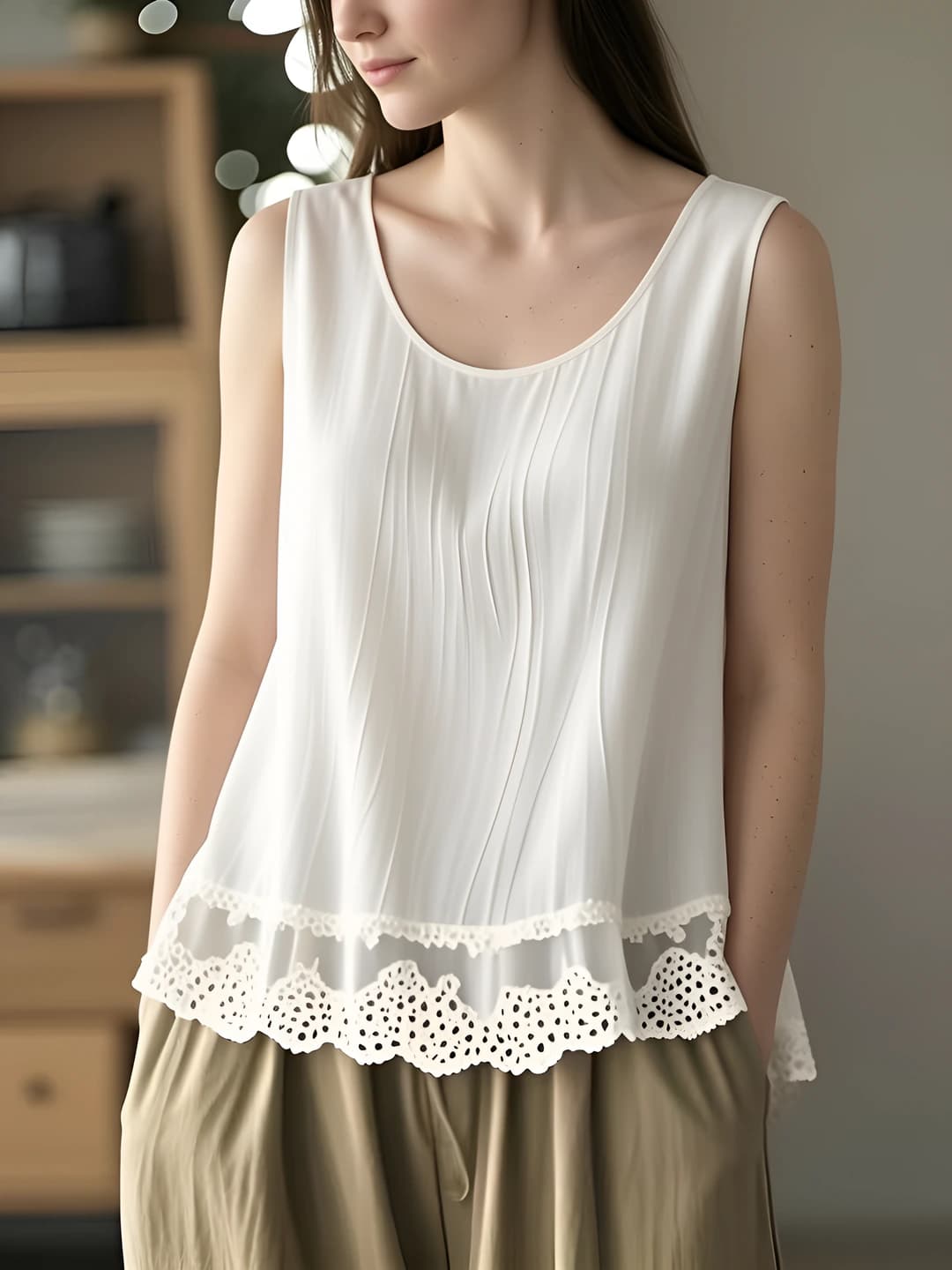 Women's spring-summer lace tank top, loose fit, sleeveless, solid colour, plus size