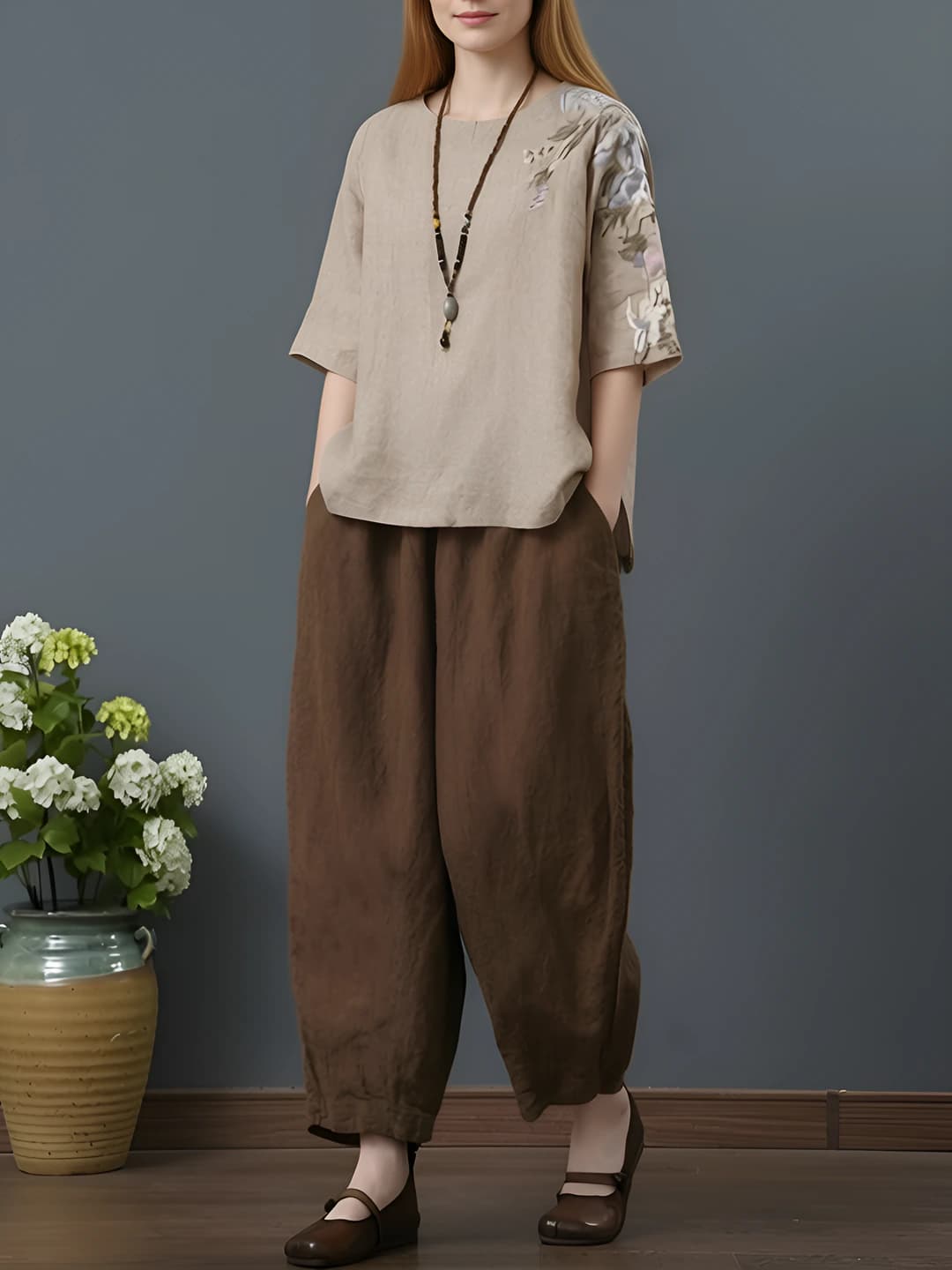 Khaki top + coffee 9/10 pants