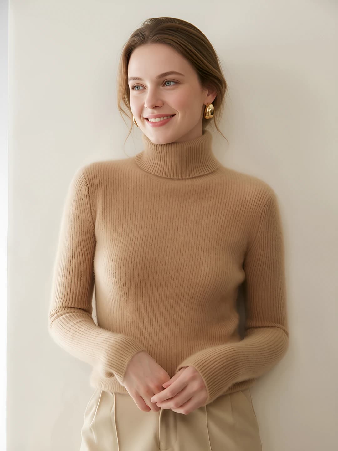 Women's 2026 autumn-winter cashmere turtleneck, high neck, slim fit, long sleeve, solid colour, slimming