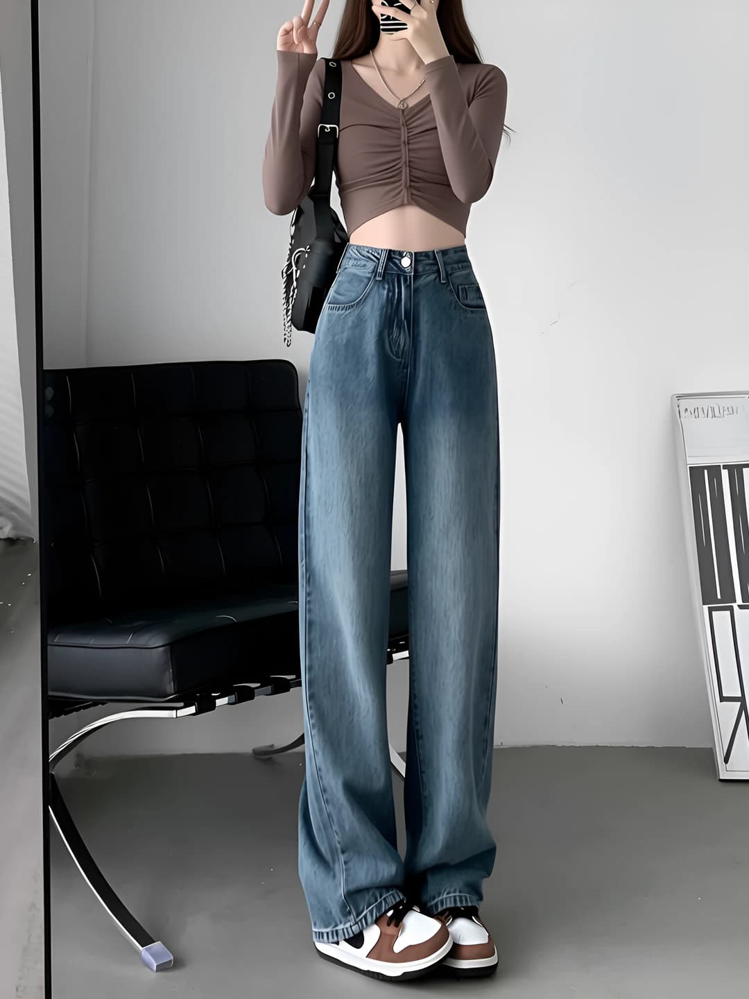 Women's retro blue high waist loose fit straight cut jeans, spring-summer, slimming, trousers