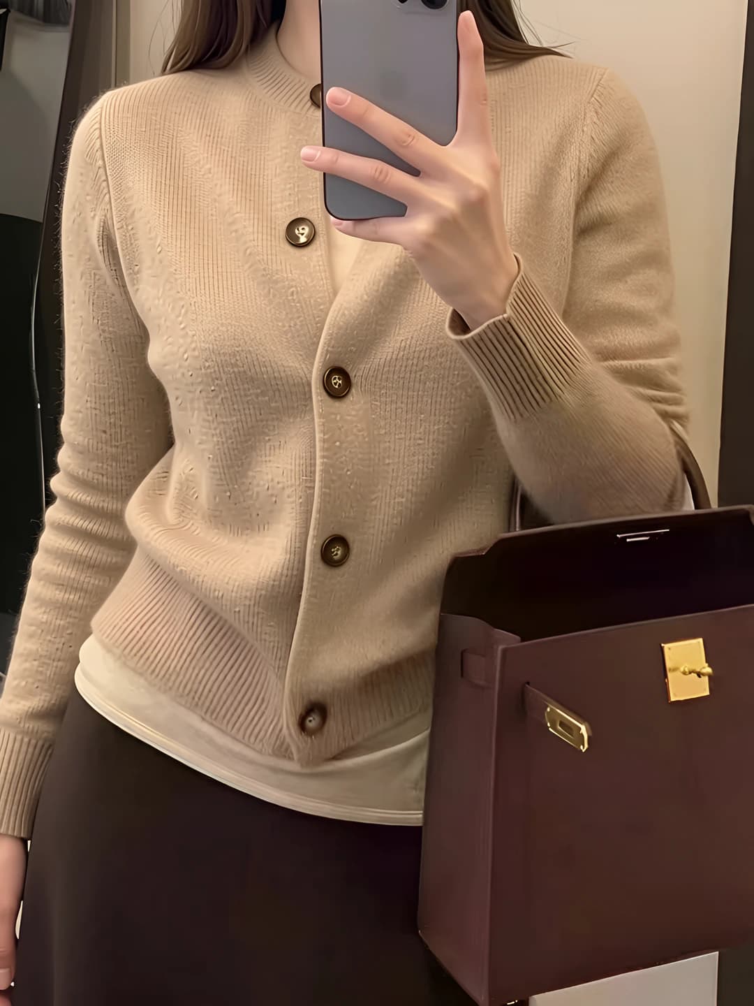 Women's knit cardigan autumn-winter, crew neck, long sleeve, loose fit, 95% wool and cashmere, closure: buttons