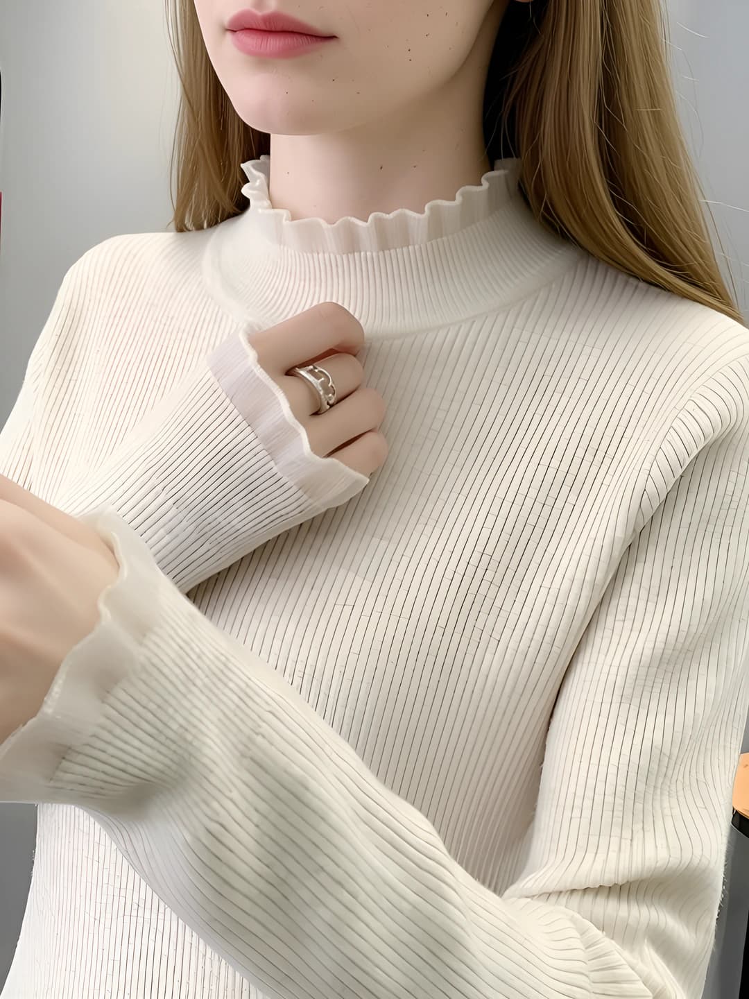 Women's 2026 autumn-winter knit sweater, mock neck, slim fit, long sleeve, slimming, lace, urban style, pullover