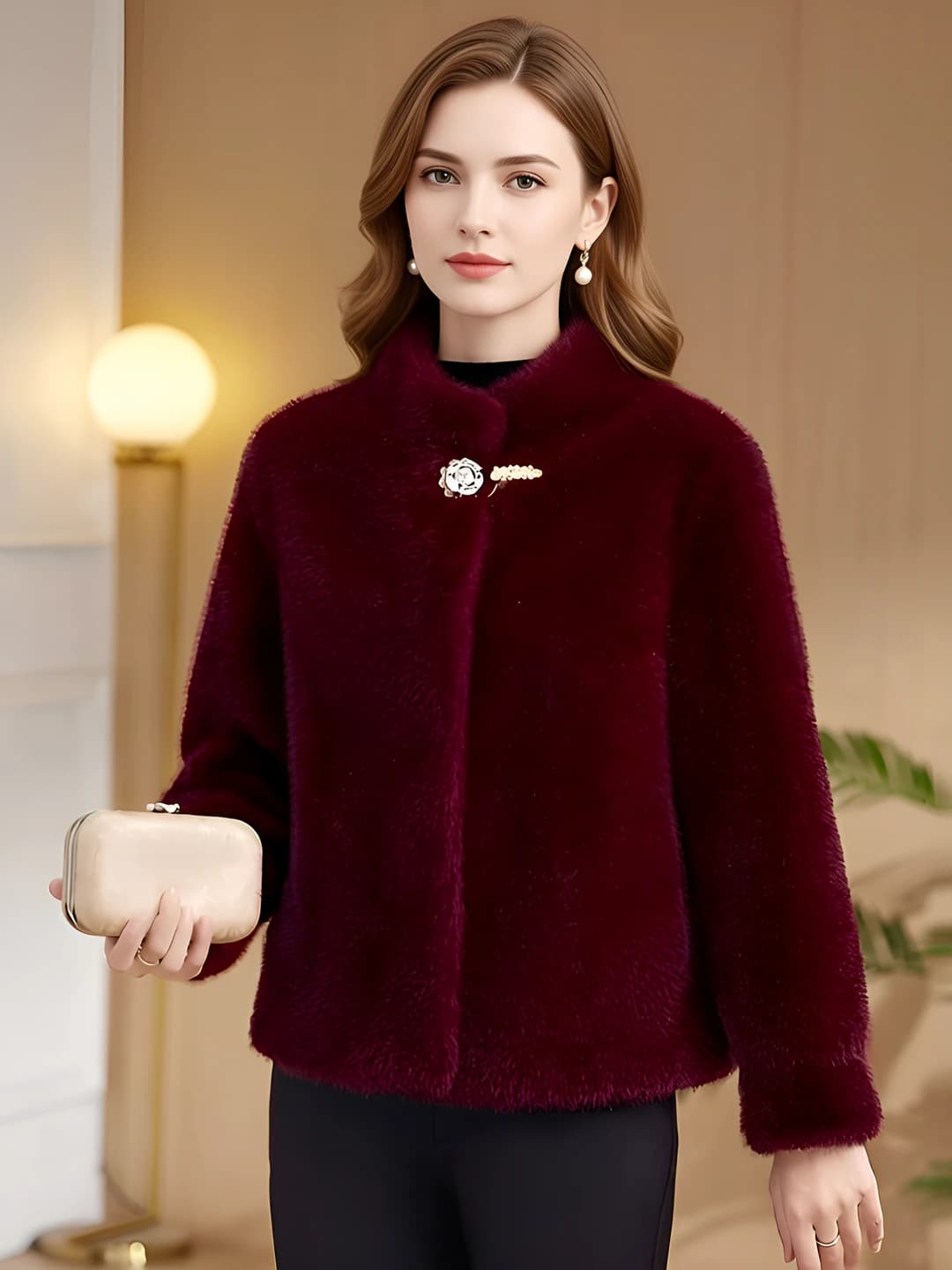 Women's winter short fur coat, stand collar, long sleeve, faux fur