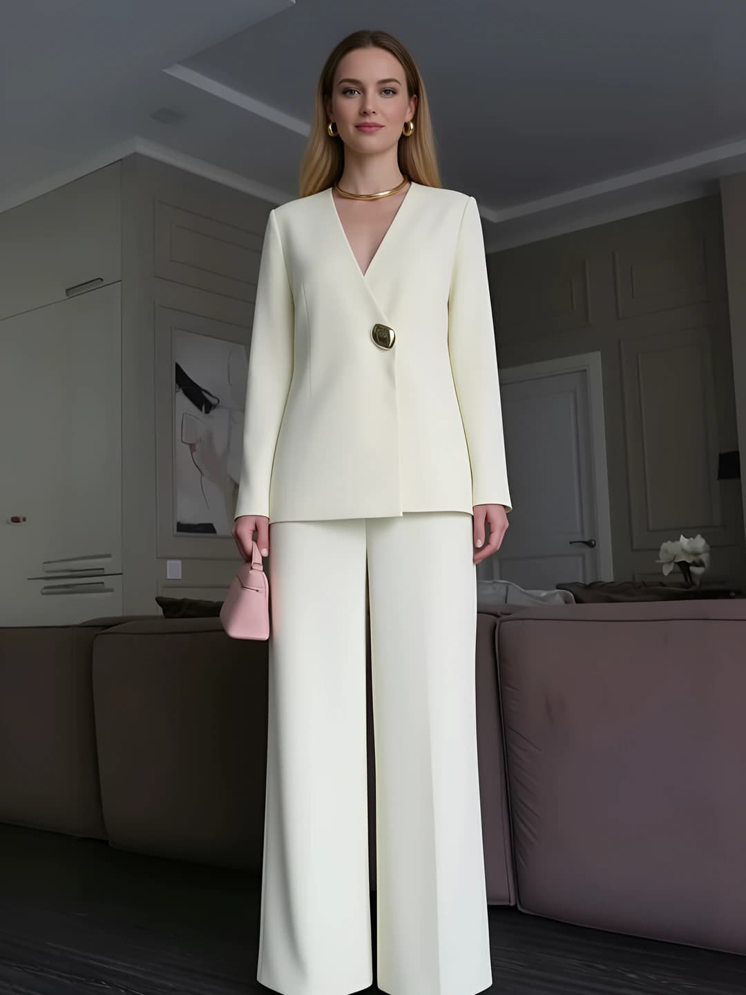 Women's casual set 2026 spring-autumn: long sleeve V-neck blouse + high waist wide-leg trousers