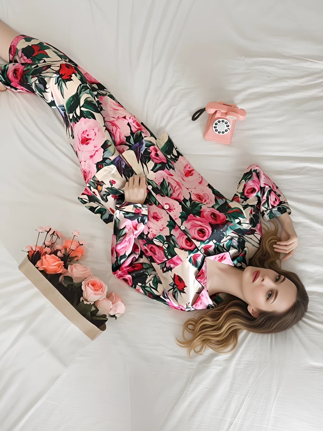 Women's casual printed silk pajama set: lapel collar long sleeve blouse and trousers, spring, 6XL