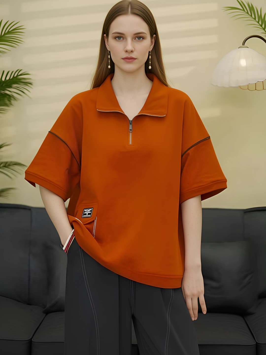 Women's summer casual short sleeve t-shirt with stand collar and zip, loose fit, slimming