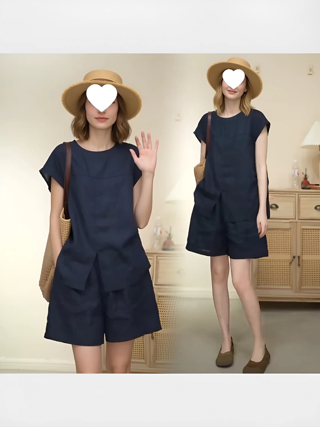 Women's summer solid colour t-shirt and shorts set: V-neck, sleeveless, oversize fit
