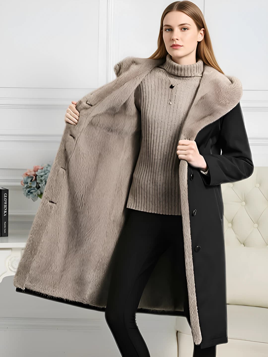 Women's mid-length faux fur coat with fleece lining, long sleeve, hooded, 2026
