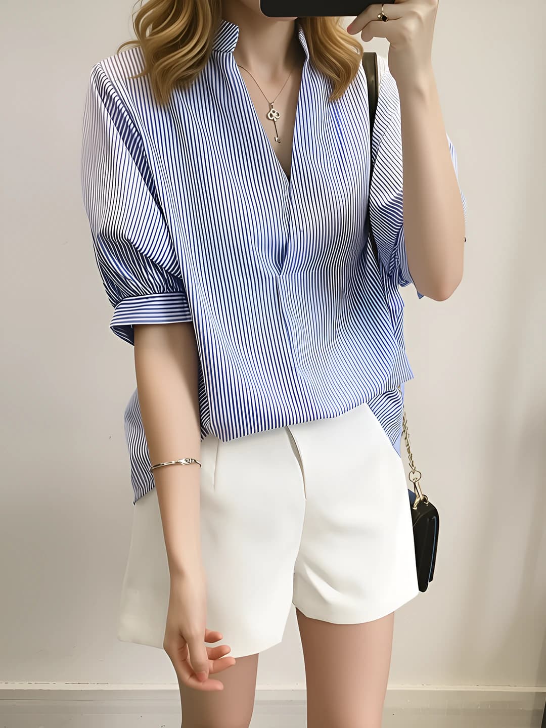 Ayollar uchun yozgi chiziqli, bo'sh (oversize) kesimli, tik yoqali, uzun yengli ko'ylak-shirt