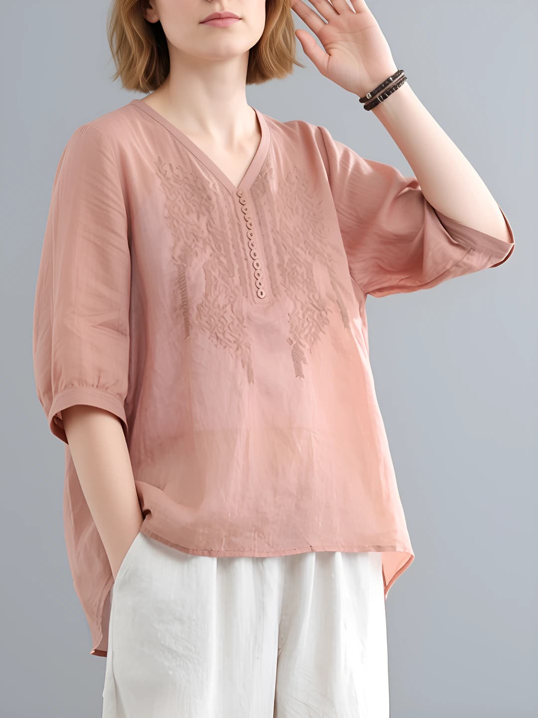 Women's summer embroidered blouse and trousers set, loose fit, slimming, long sleeve, design element: beads
