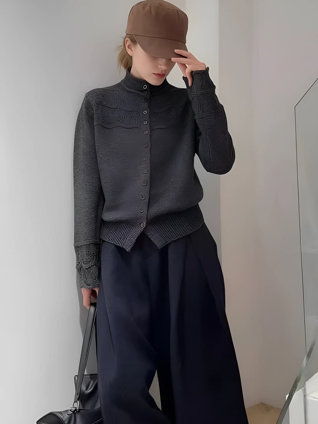 Women's cashmere knit cardigan, high neck, long sleeve, loose fit, slimming, solid colour, autumn-winter