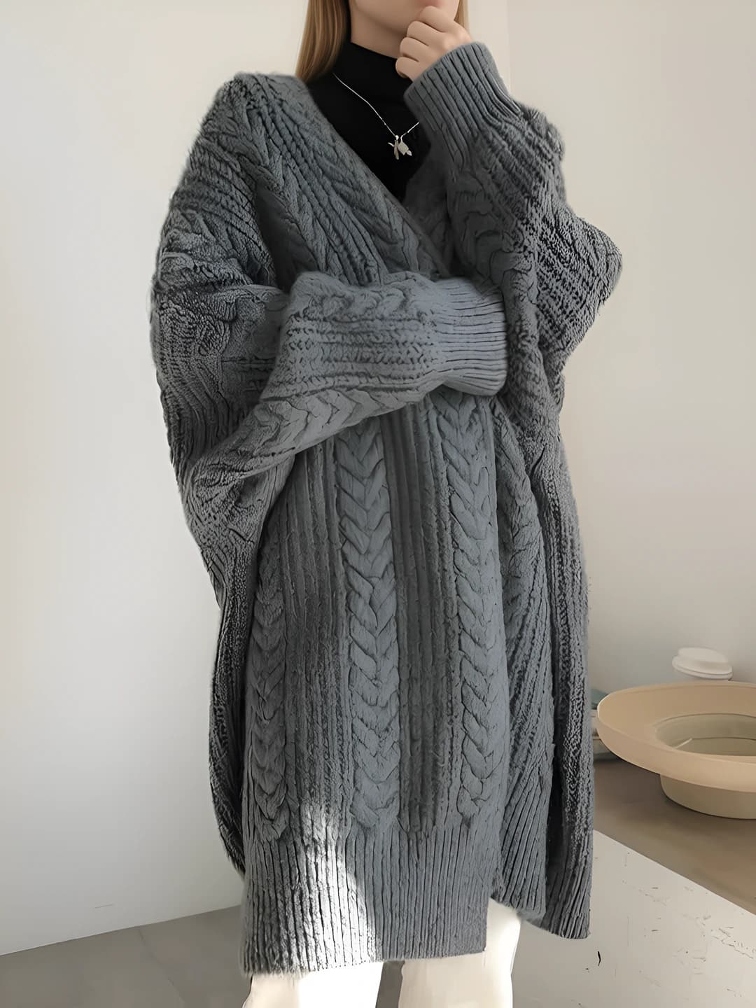 Women's knit cardigan, Korean style, cable knit, loose fit, V-neck, long sleeve, mid-length, autumn-winter, solid colour