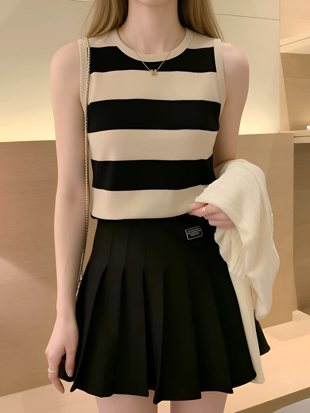 Women's ice-silk fabric tank top, summer striped, slim fit, cropped, anime pattern, stretch