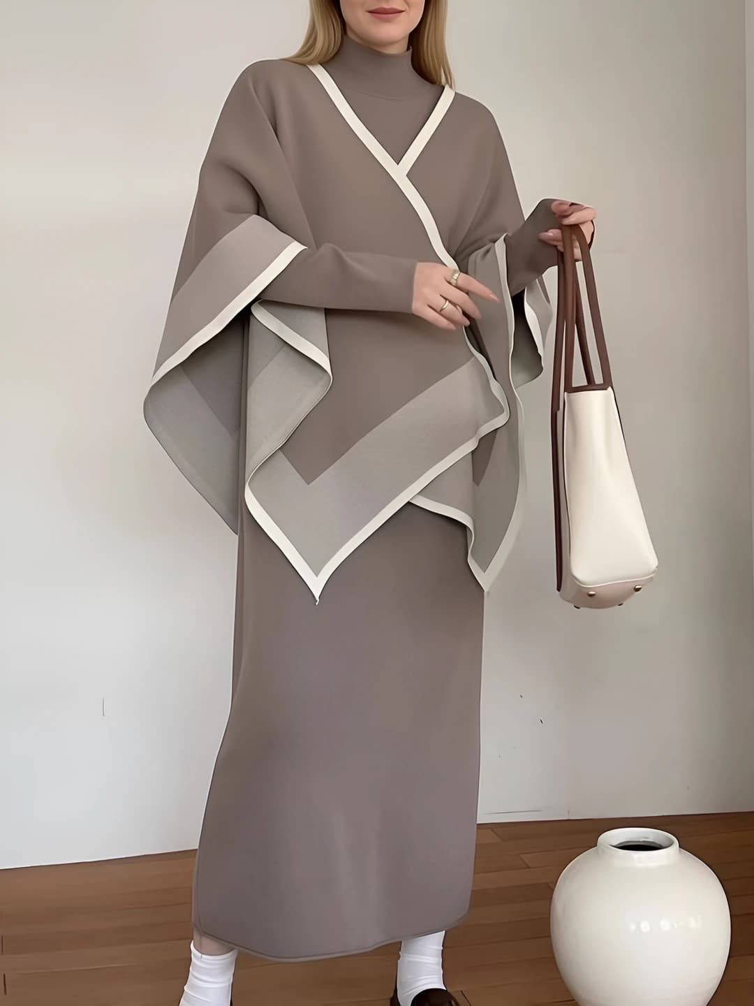 Women's clothing set (cape + dress) in Korean style, warm, autumn, loose fit, long sleeve, all-season
