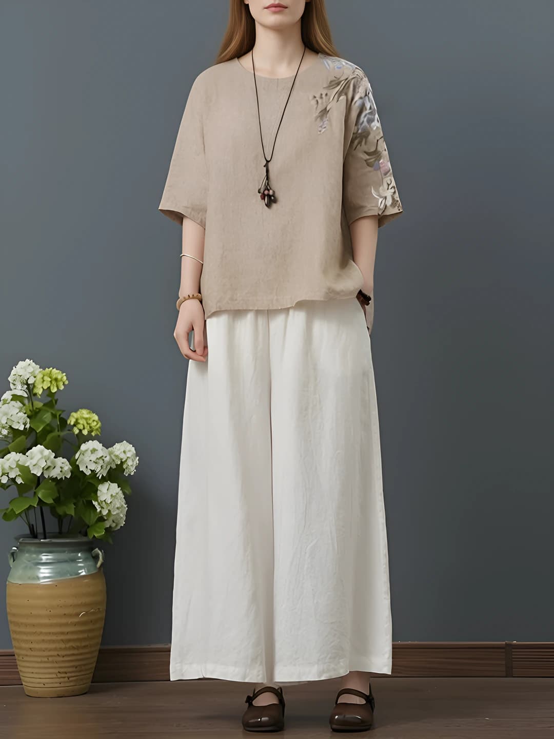 Khaki top + beige wide-leg pants