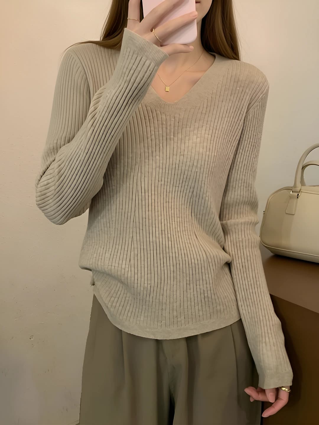 Women's V-neck ribbed knit pullover sweater, spring-autumn, long sleeve, loose fit, Korean style
