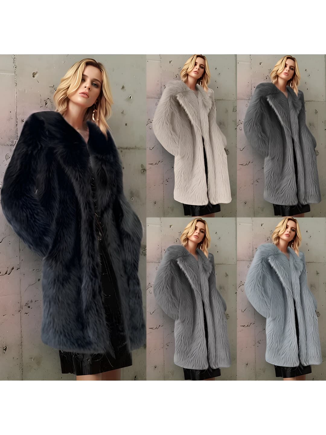 Women's warm thickened autumn-winter coat with long sleeve and blazer collar, solid colour, faux fur