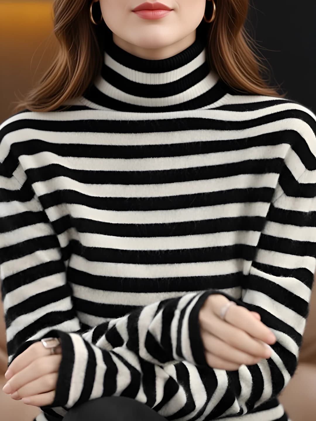 Women's autumn-winter striped knit top with high neck, thickened, long sleeve, basic layering sweater