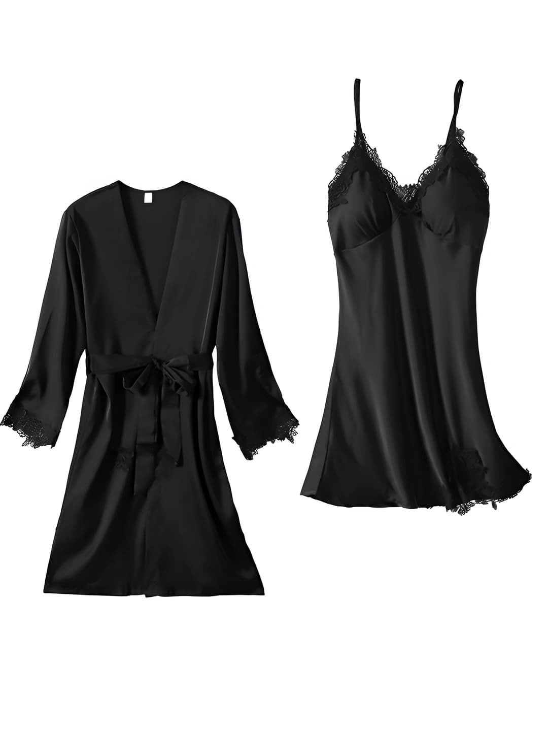 Matte silk 2-piece set - black [robe+nightgown]