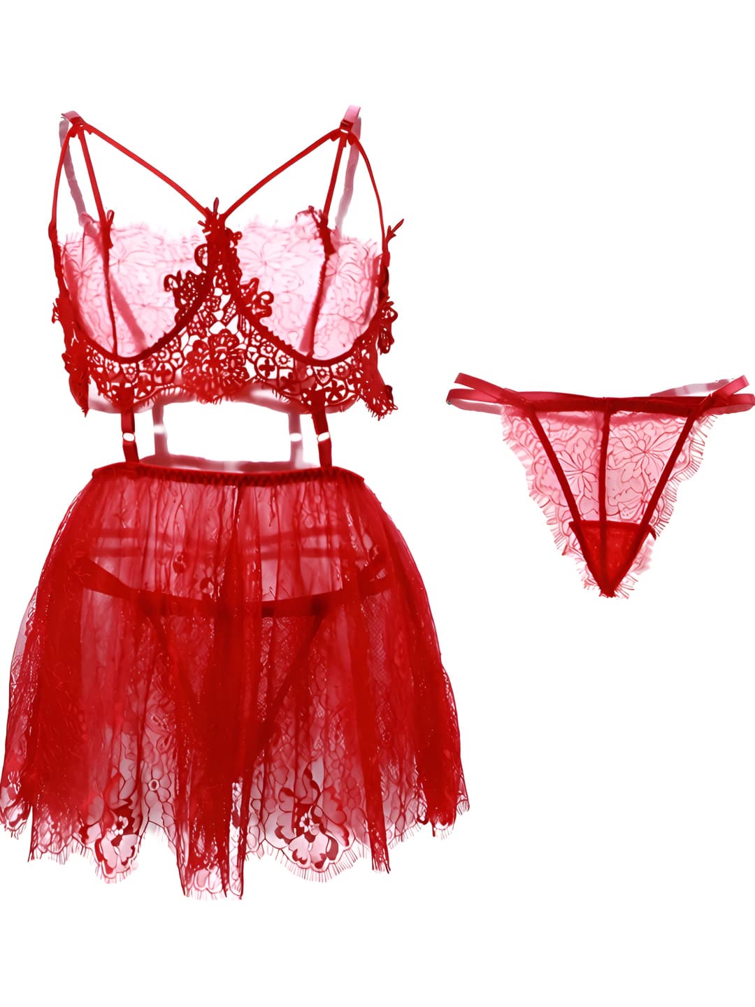 Women's lace lingerie set (bra, brief, nightgown), polyester, 96% share, sheer, cut-out, for role play