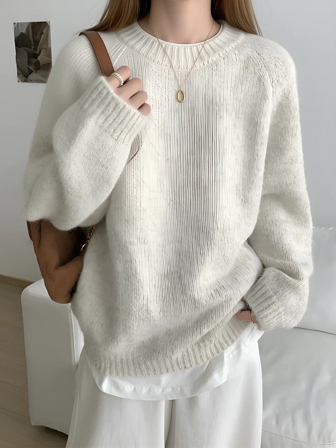Women's loose fit crew neck long sleeve knit sweater for autumn-winter 2026