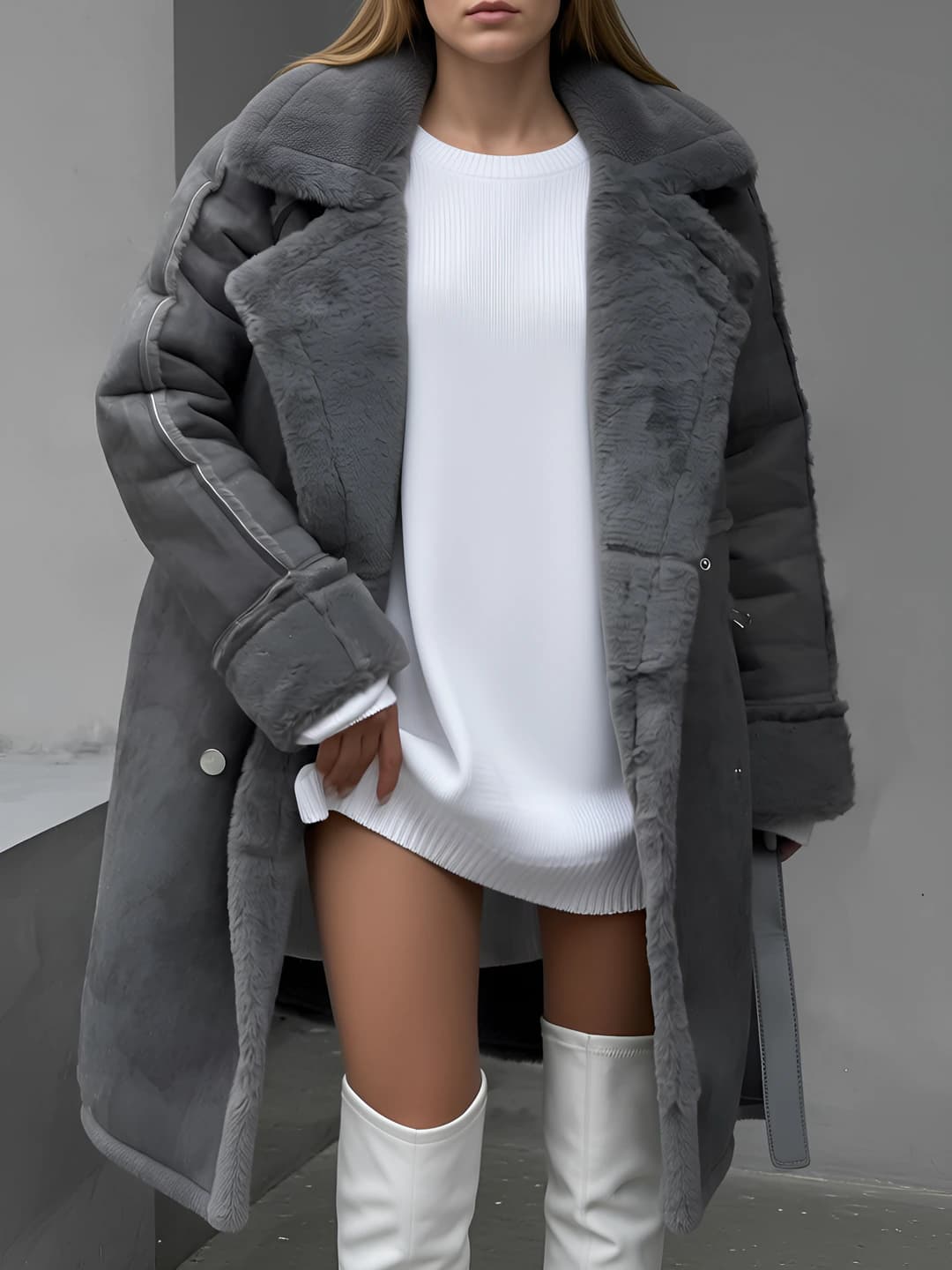 Women's winter 2026 mid-length thickened loose fit long sleeve blazer collar casual faux fur shearling coat