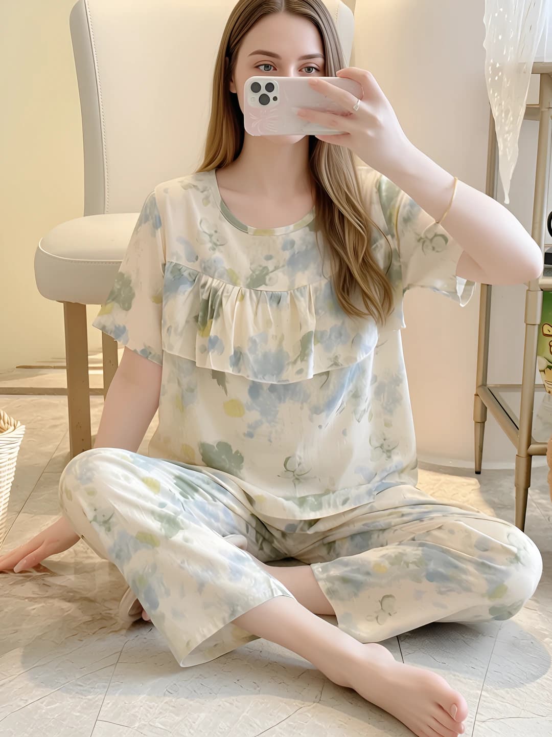 Women's summer pajama set: short sleeve top and trousers, checked, crew neck, thin fabric, loungewear
