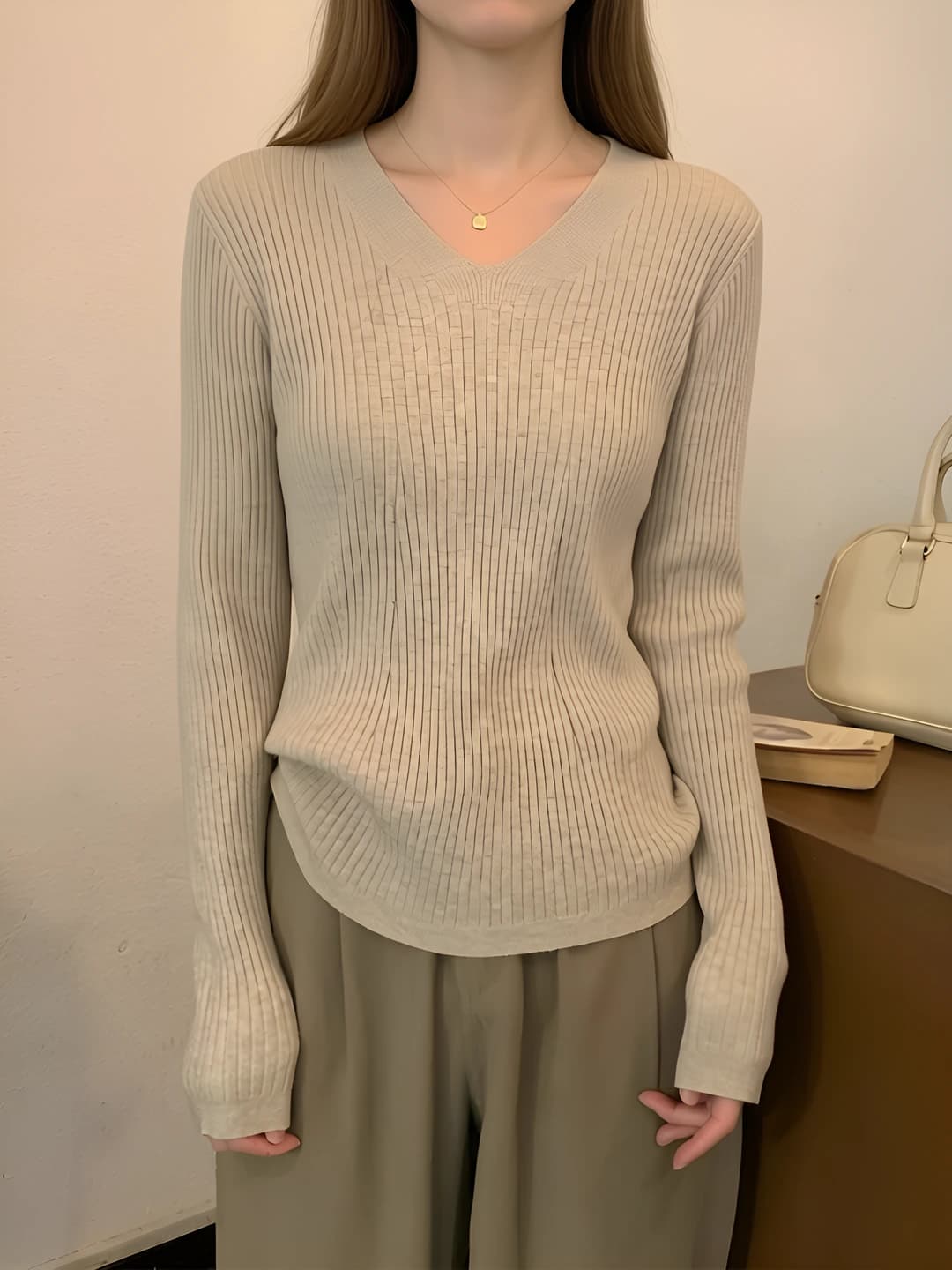 Women's French style V-neck slim fit slimming autumn-winter soft knit sweater pullover