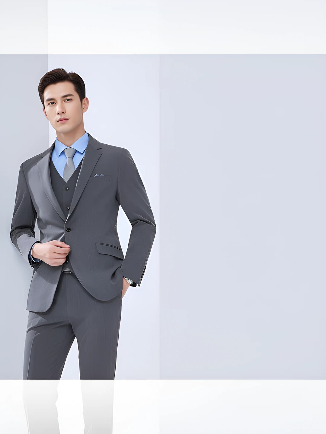 Medium gray men's suit + men's trousers + shirt