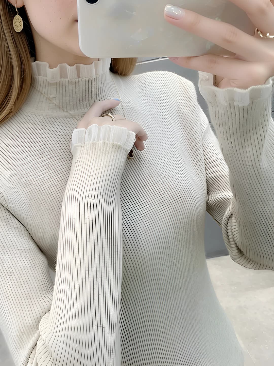 Women's 2026 lace-trimmed mock neck slim fit slimming long sleeve sweater for autumn-winter
