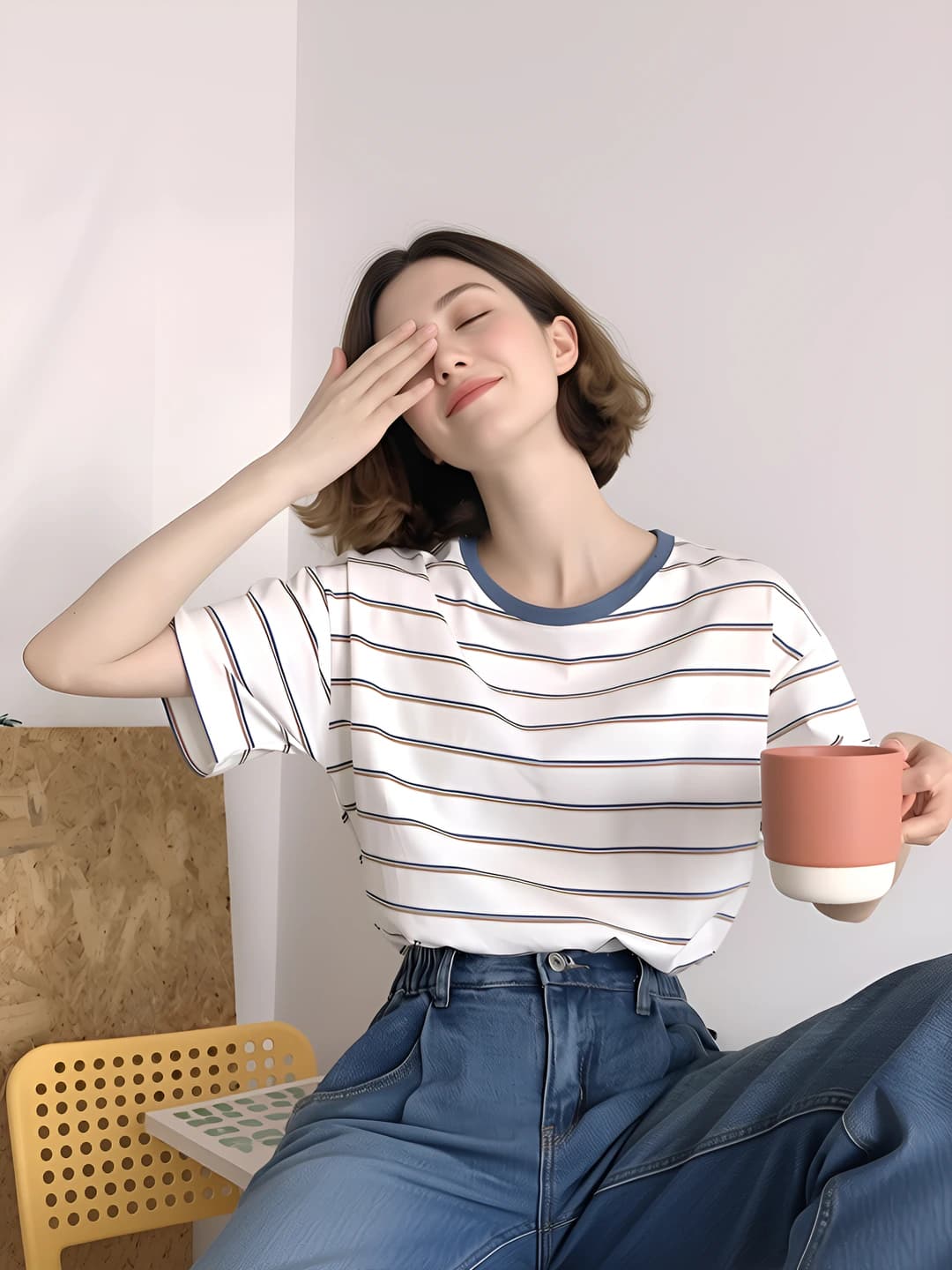Women's summer short sleeve striped t-shirt, loose fit, crew neck, preppy style