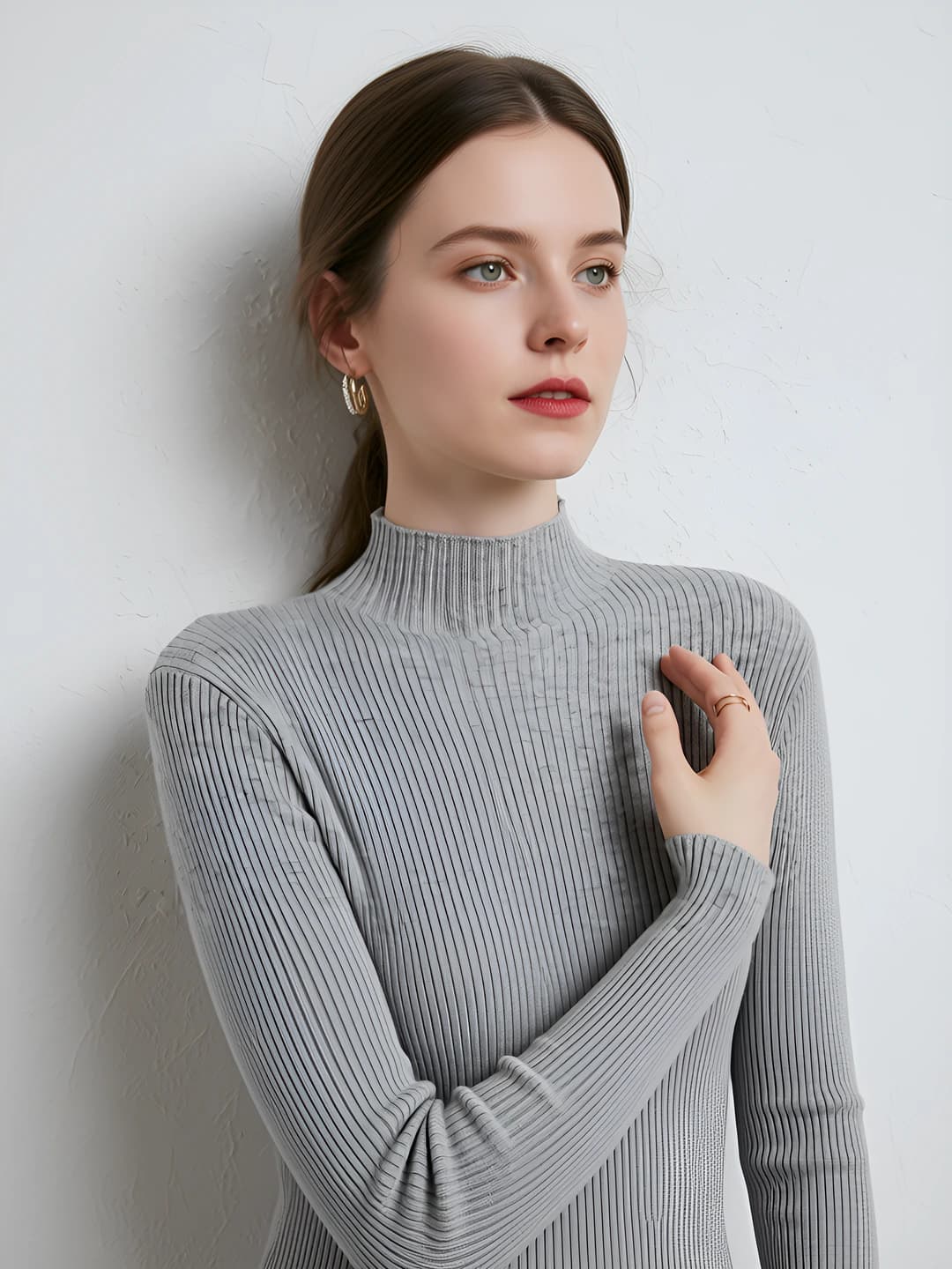 Women's ribbed knit mock neck pullover in Korean style, slim fit, solid colour, long sleeve, autumn-winter