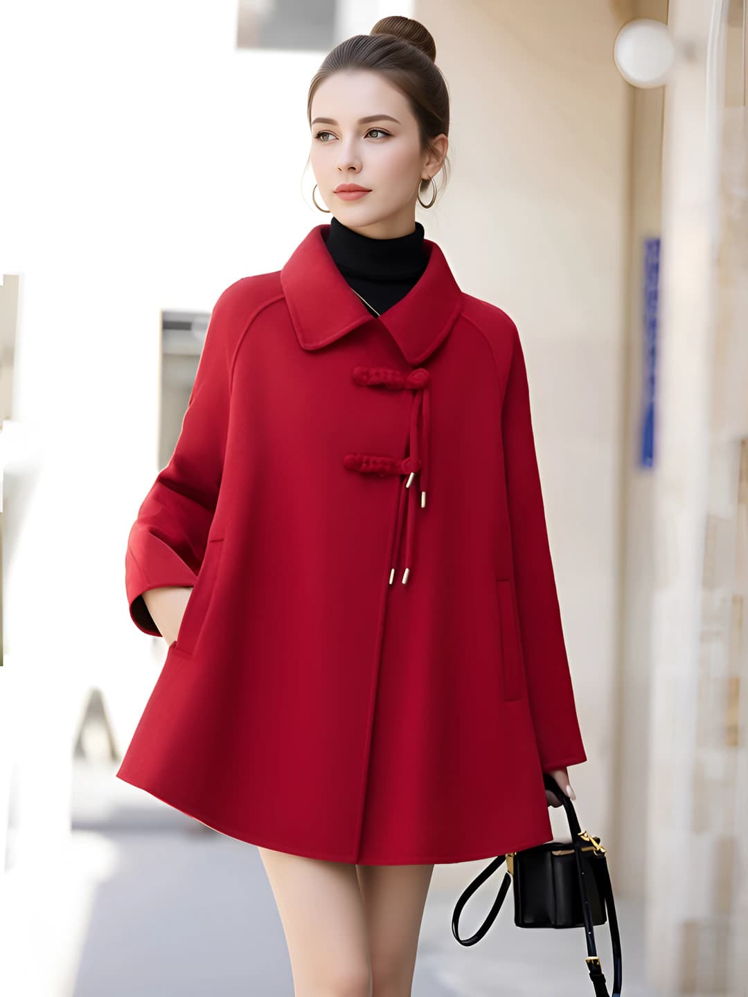 Women's red chenille wool cape coat, autumn-winter, retro, petite, cropped, loose fit, long sleeve, blazer collar, solid colour